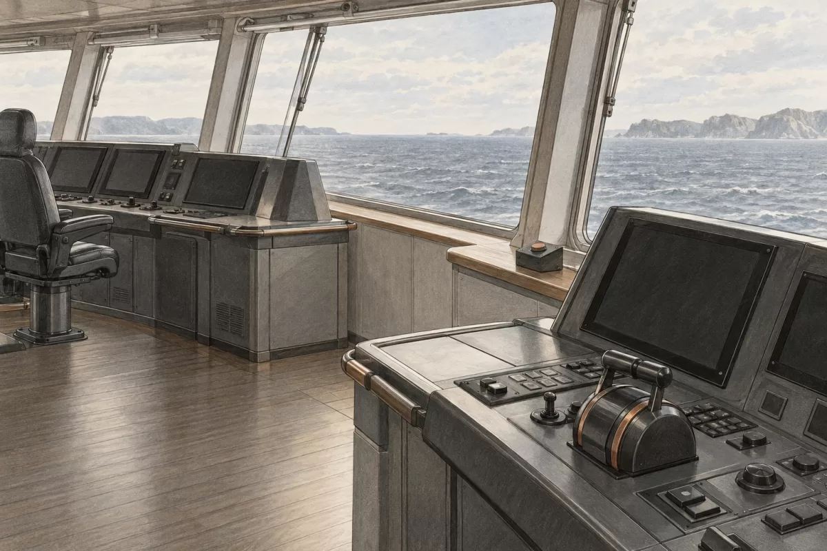 Условная компоновка двух консолей мостика и небольшого устройства управления рядом с окном.